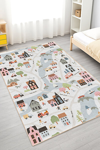 Realhomes Canlı Renklerde Şehir Temalı Çocuk Odası Yıkanabilir Kaymaz Taban Halı