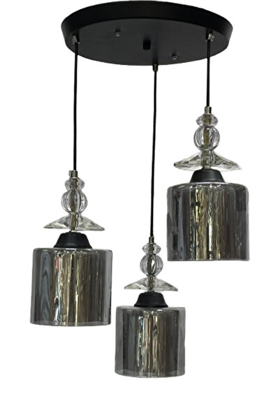 Store Füme 3 Lü Yuvarlak Siyah Modern Sarkıt Mutfak Oturma Odası Salon Sarkıt Avize