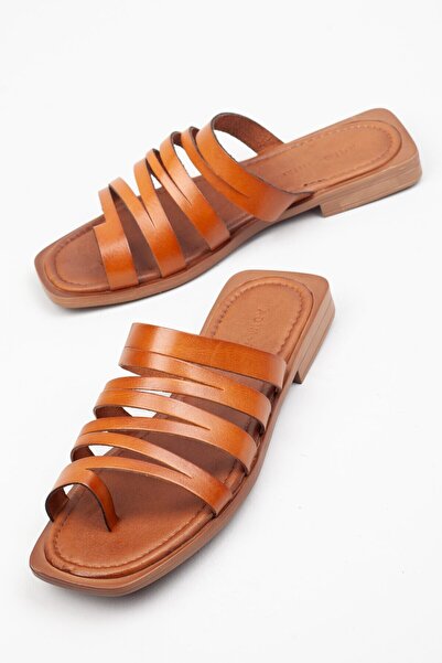 Adım Adım Genuine Leather Women's Tan Slippers