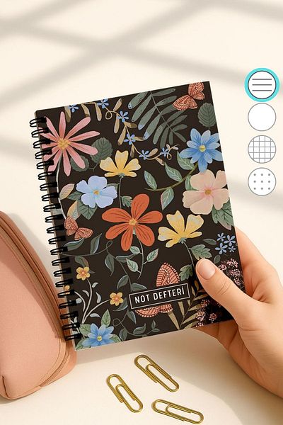 Eldesen Tasarım A5 Spiral Lined School Notebook, 50 Sheets 100 Pages, Cardboard Cover Notepad, Butterfly