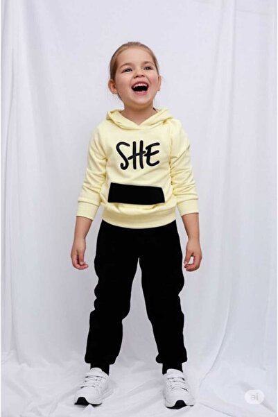 Store Kanguru Cepli Şapkalı Kız Çocuk Eşortman Takımı Ikili Takım Sarı Renk