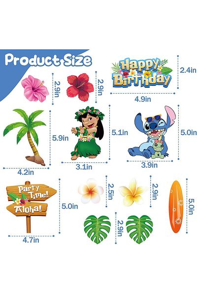 Disney Style B 12pcs Lilo &Stitch Hawaii Cake Toppers Summer Birthday Party Supplies Aloha Flower Ta