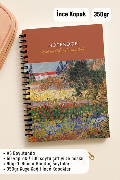 Eldesen Tasarım Van Gogh A5 Spiral Line School Notebook, 50 Sheets 100 Pages, Cardboard Cover Notebook, Floral