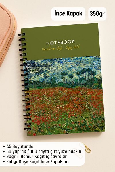 Eldesen Tasarım Van Gogh A5 Spiral Line School Notebook, 50 Sheets 100 Pages, Cardboard Cover Notepad, Poppy