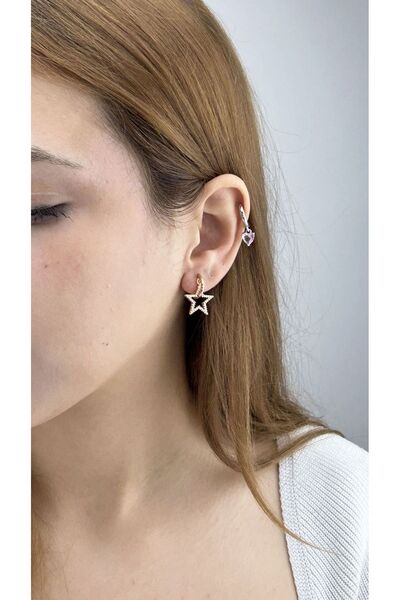 Neon Takı by Atalay Sensitivity Tag and Zircon Stone, Star Model Stainless Steel Earrings 627, Pink (Rose) Color