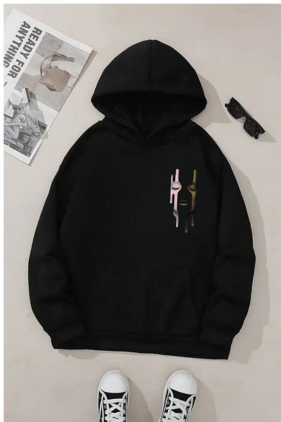 VBSVİBES Unisex Black Hooded Sweatshirt – Face Printed, Thick Fabric with Hood