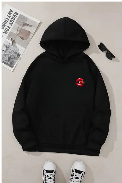 VBSVİBES Unisex Black Hooded Sweatshirt – Lip Strawberry Printed, Thick Fabric with Hood
