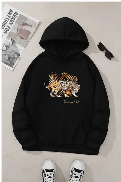 VBSVİBES Unisex Black Hooded Sweatshirt – Leopard Leaf Printed, Thick Fabric with Hood