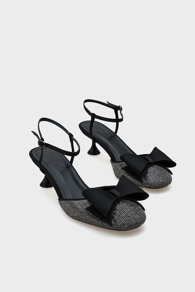 Capone Outfitters Phoebe Blunt Stone Toe Bow Satin Ankle Strap Medium Heeled Women's Stylish Shoes