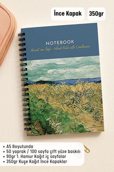 Eldesen Tasarım Van Gogh A5 Spiral Line School Notebook, 50 Sheets 100 Pages, Cardboard Cover Notepad, Flowers