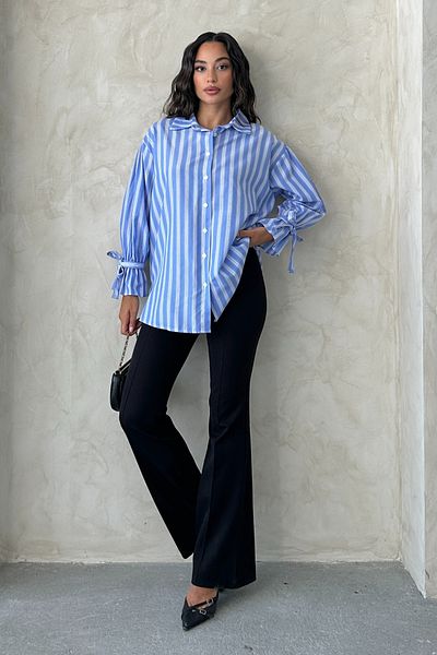 MD trend Women's Striped Sleeve Lace-Up Shirt