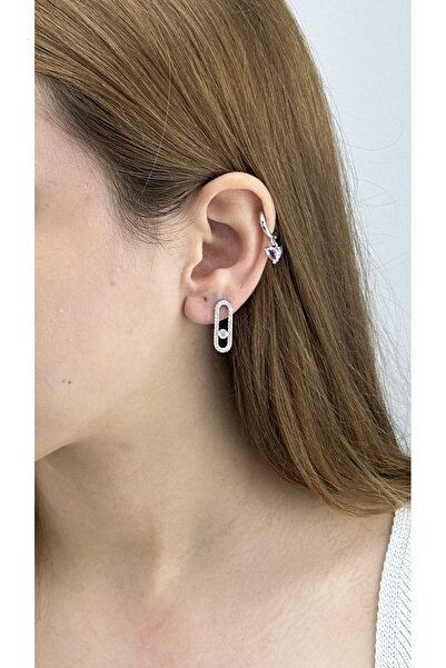 Neon Takı by Atalay Sensitivity Tag and Zircon Stone, Paper Clip, Steel Earring 613, Silver Color