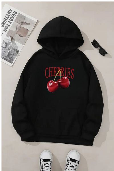 VBSVİBES Unisex Black Hooded Sweatshirt – Cherries Printed, Thick Fabric with Hood