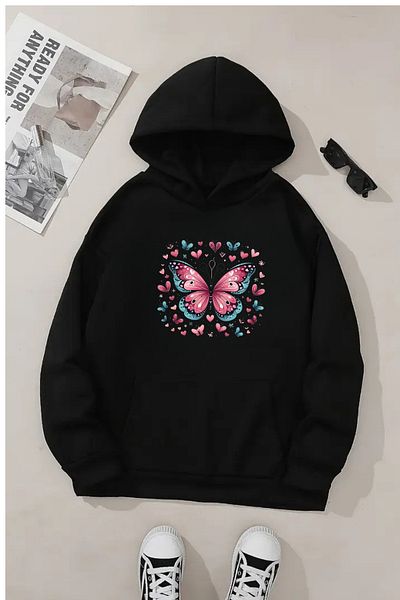 VBSVİBES Unisex Black Hooded Sweatshirt – Butterfly Hearts Printed, Thick Fabric with Hood