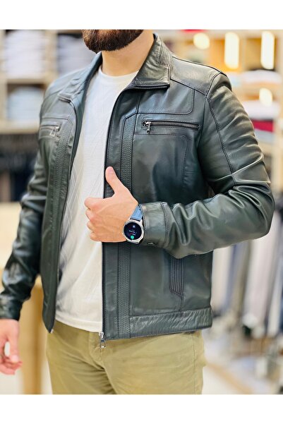 SAVARA Erkek yeşil renk %100 Orginal deri mont hakiki kuzu derisi regular fit kalıp