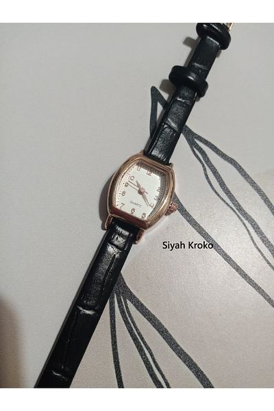 QUARTZ ساعة يد نسائية بتصميم ريترو مينيمال رفيعة باللون الأسود 0102