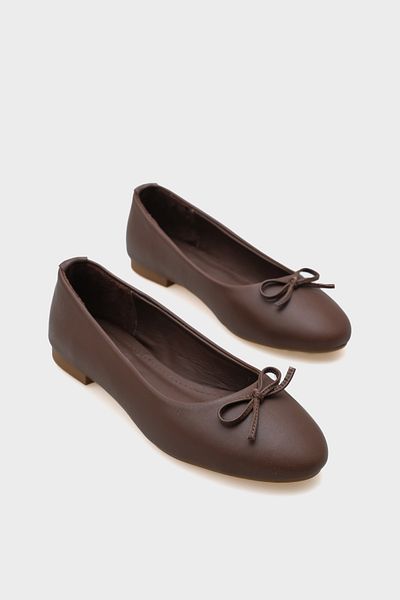 Capone Outfitters Γυναικείες μπαλαρίνες από γνήσιο δέρμα με φιόγκο με στρογγυλά δάχτυλα καφέ