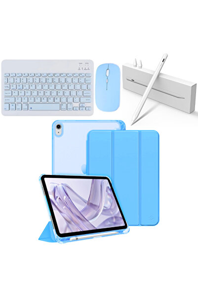 Covpor Apple iPad 11. NESİL A16 ve 10.NESİL 10.9 Uyumlu Flip Kılıf Mavi + Bluetoothlu Klavye Mouse + Kalem
