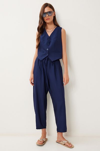 Lovelyİstanbul Crinkle Vest Baggy Trousers Set Dark Blue Lrv0109