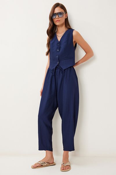 Lovelyİstanbul Crinkle Vest Baggy Trousers Set Dark Blue Lrv0109