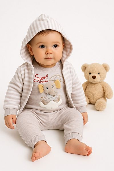 İZYALİF BABY Baby Boy 3-Piece Winter Cardigan Velvet Suit Cotton Elephant Printed