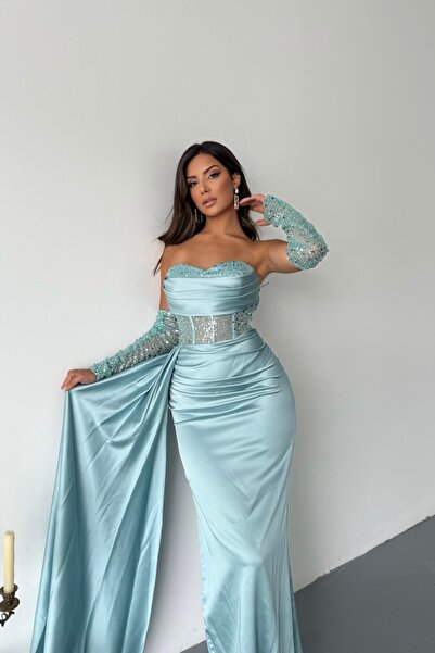 İyem Abiye Transparan Ve Kol Detay İşlemeli Şık Saten Tasarım Abiye Yarım Dar Kalıp