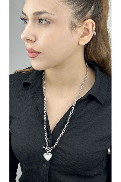 Neon Takı by Atalay قلادة، من الفولاذ المقاوم للصدأ غير القابل للتشوه، مفصلة بقلب لؤلؤي، لون فضي، موديل 237