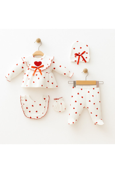 caliskanonline 5 Piece Baby Girl Hospital Release Set with Heart and Bow Detail