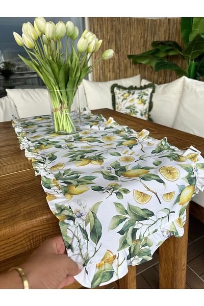 Decamor home Lemon Patterned Full Ruffle Green and White Runner