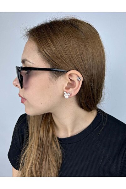 Neon Takı by Atalay Duyarlılık Etiketi ve Pembe İncili, Kurdele Figürlü Küpe 591, Gümüş Renk