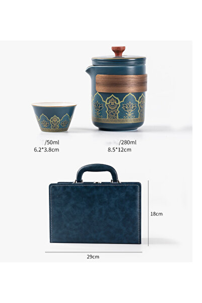 oludeniz Luxury Portable Tea Set Gift Box – Ceramic Teapot & 3 Cups with Leather Case + Notebook & Pen –