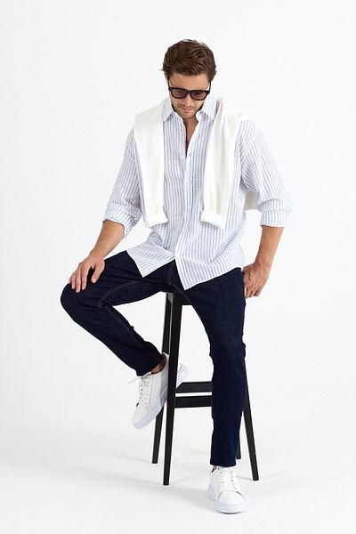 GEİO Men's Regular 100% Cotton Linen Look Easy Iron Blue Striped Shirt
