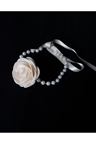 HA&NA Gül Çiçekli Choker Kolye , Inci Kolye , Ekru Kolye, kadın takı, beyaz inci
