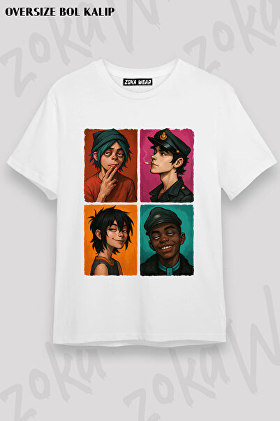ZOKAWEAR Λευκό μπλουζάκι Unisex Loose Fit Gorillaz με στάμπα