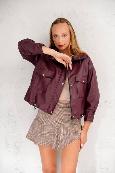 İLKCET MODA Γυναικείο μπουφάν με φερμουάρ Oversize Claret Red Faux Leather