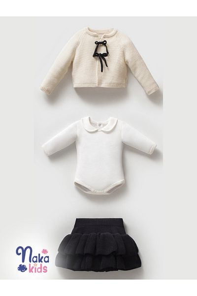 Naka Concept Baby Girl 3-Piece Knitwear Set – Stylish Jacket, Bodysuit and Ruffle Skirt