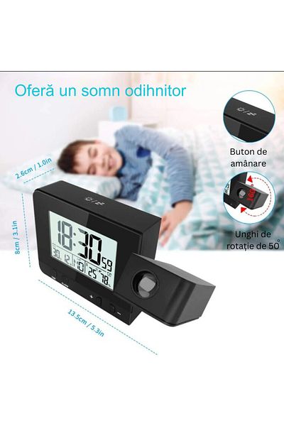 MILARIS Ceas electronic cu proiectie MILARIS®, Afisaj temperatura, Afisaj umiditate, Alarma dulba