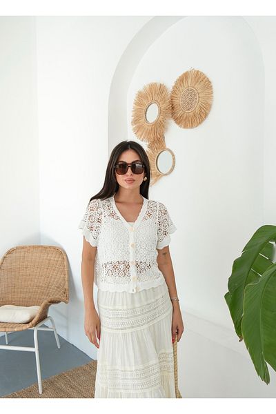 BLUE DAY'S Women's Short-Sleeved Crochet Cardigan Bohemian Style