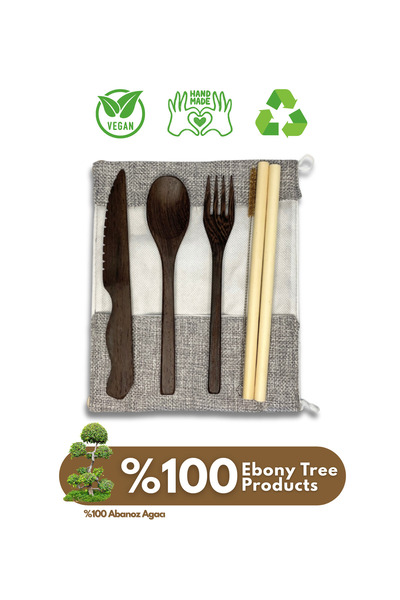 Coconut Products Wooden Ebony Fork, Knife, Spoon and 2-Piece Bamboo Straw Set
