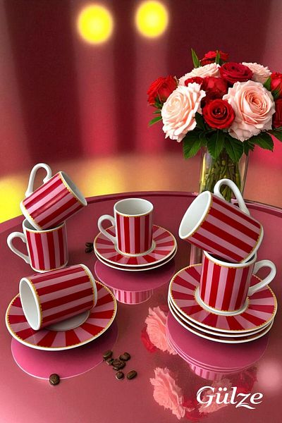 GÜLZE 6 Persons (12 Pieces) Li̇na Model Special Design Luxury Coffee Cup Set (Pure Porcelain)
