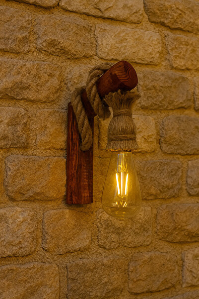 AYBÜK PABUÇ Wooden Wall Sconce Lamp with Rope Detail – Retro Rustic Sconce Cafe Home Balcony Office Decor Lighting