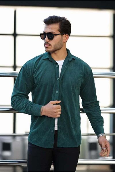 Valiberta Men's Velvet Ribbed Shirt - Emerald Green
