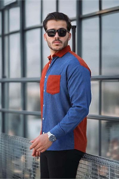 Valiberta Light Brick Colored Corduroy Shirt - Contrast Double Color