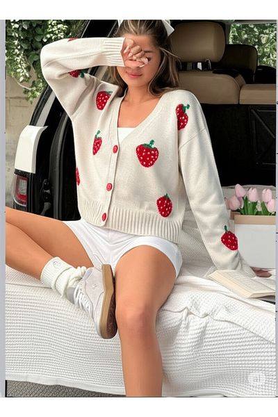 FLEX FASHION Women's Ecru Strawberry Knitwear Cardigan