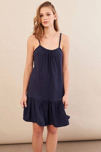 Cool & Sexy Women's Navy Blue Skirt Flounced Strap Midi Dress Ops4152