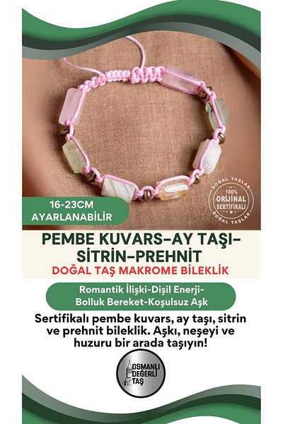 OSMANLI DEĞERLİ TAŞ Certified Pink Quartz-Moonstone-Citrine-Prehnite Natural Stone Adjustable Macrame Bracelet