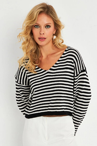 Cool & Sexy Black-White V-Neck Striped Women's Blouse - Yv280