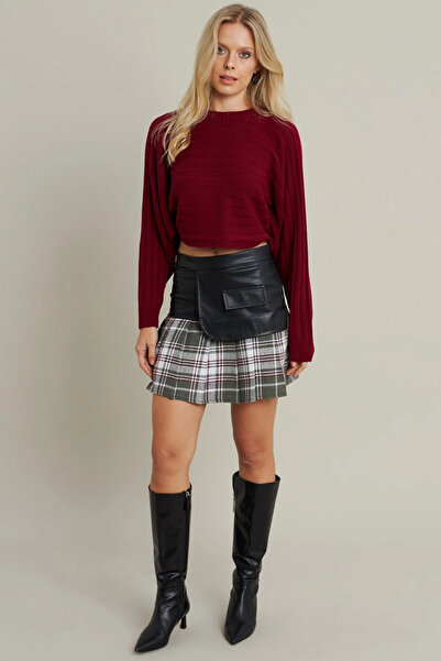 Cool & Sexy Khaki-Black Mini Skirt Nh93 - Faux Leather, Houndstooth Detail