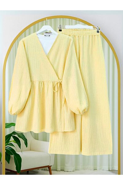 Modamorfo Tunic with Tie Inside and Wide Leg Trousers Set - Yellow