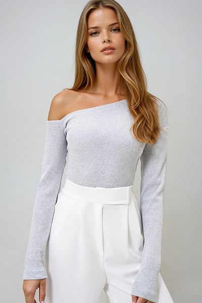 VAGGON Women's Gri̇melanj Boat Neck Single Shoulder Open Camisole Blouse Prmx13068